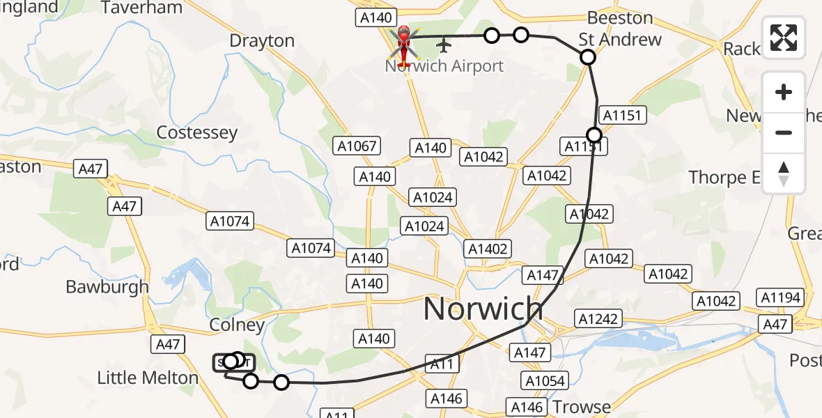Flight route Air Ambulance Helicopter Norfolk & Norwich Hospital - Norwich Airport, 30 August 2026, 17:18