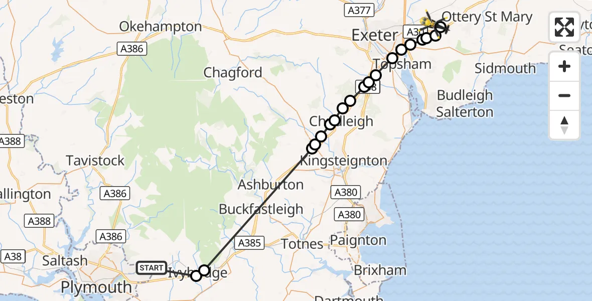 Flight route Police Helicopter Sparkwell - Rockbeare, 30 August 2026, 17:30
