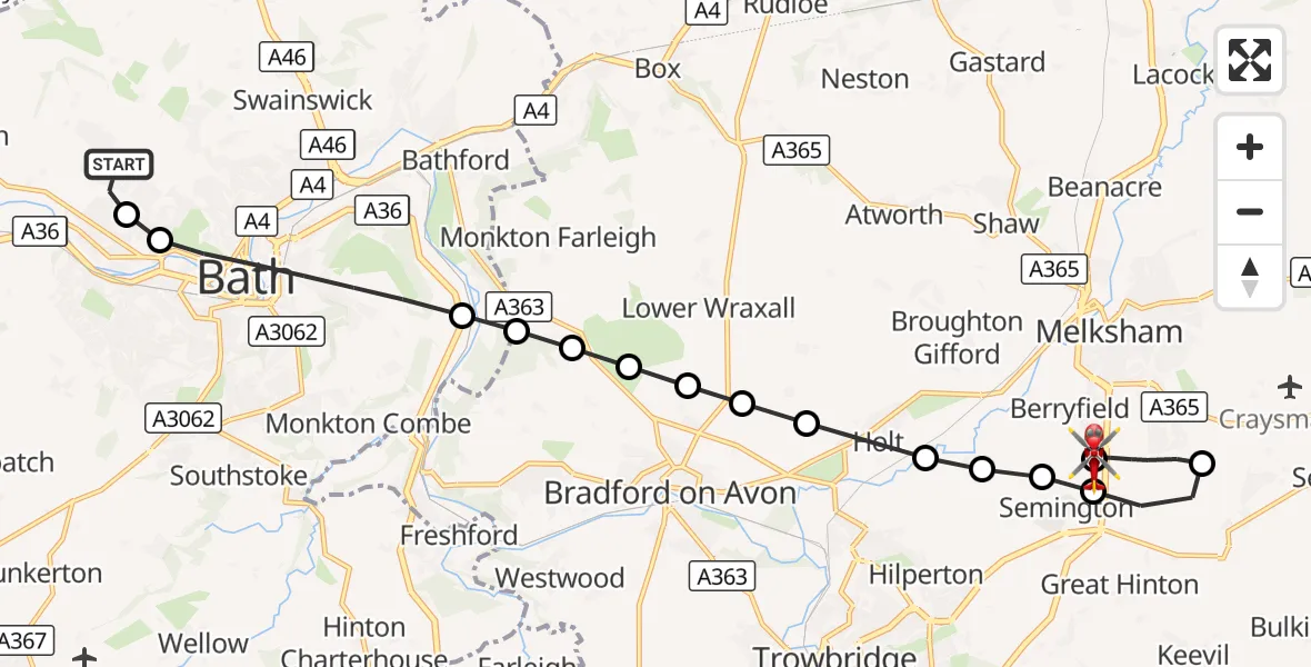 Flight route Air Ambulance Helicopter Bath - Wiltshire Air Ambulance, 30 August 2026, 17:31