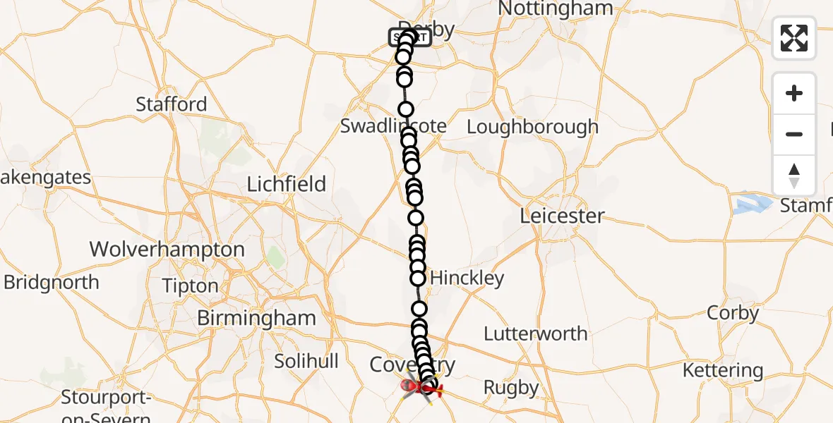 Flight route Air Ambulance Helicopter Royal Derby Trauma Unit - Coventry Airport, 30 August 2026, 17:33