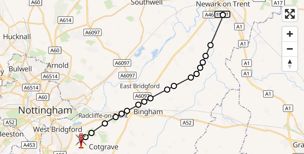 Flight route Air Ambulance Helicopter Newark on Trent - Nottingham City Airport, 30 August 2026, 17:38