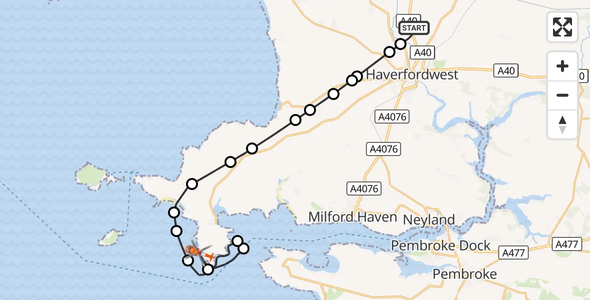 Flight route Coastguard Helicopter Haverfordwest Airport - Dale, 30 August 2026, 17:41