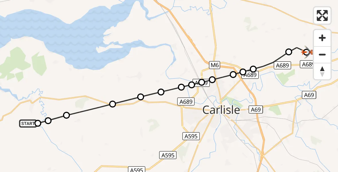 Flight route Coastguard Helicopter Kirkbride Airfield - Carlisle Lake District Airport, 30 August 2026, 17:54