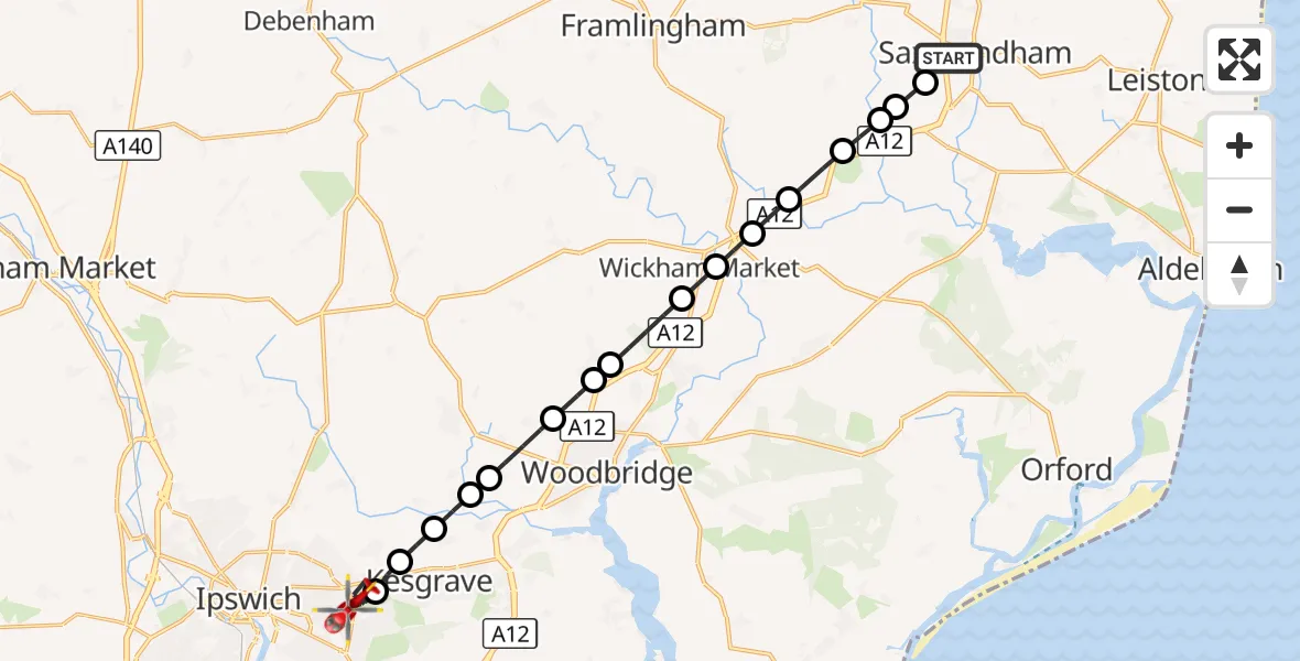 Flight route Air Ambulance Helicopter Saxmundham - Ipswich, 30 August 2026, 17:54