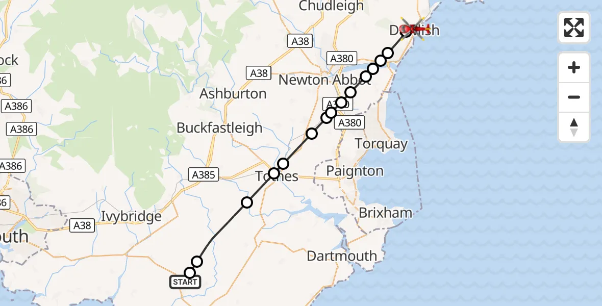 Flight route Air Ambulance Helicopter Aveton Gifford - Dawlish, 30 August 2026, 17:55