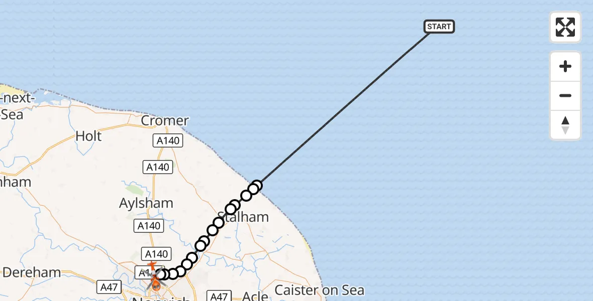 Flight route Coastguard Helicopter North Sea - Norwich Airport, 30 August 2026, 18:05