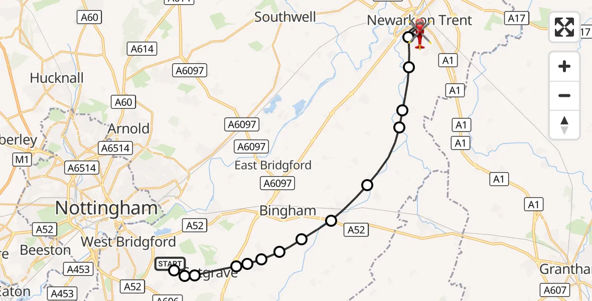 Flight route Air Ambulance Helicopter Nottingham City Airport - Newark on Trent, 30 August 2026, 18:18