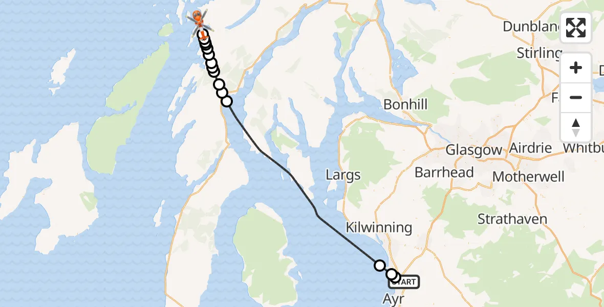 Flight route Coastguard Helicopter Glasgow Prestwick Airport - Inner Seas, 30 August 2026, 18:24