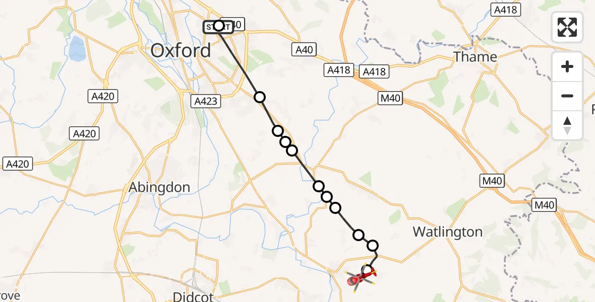 Flight route Air Ambulance Helicopter John Radcliffe Hospital - RAF Benson, 30 August 2026, 18:28