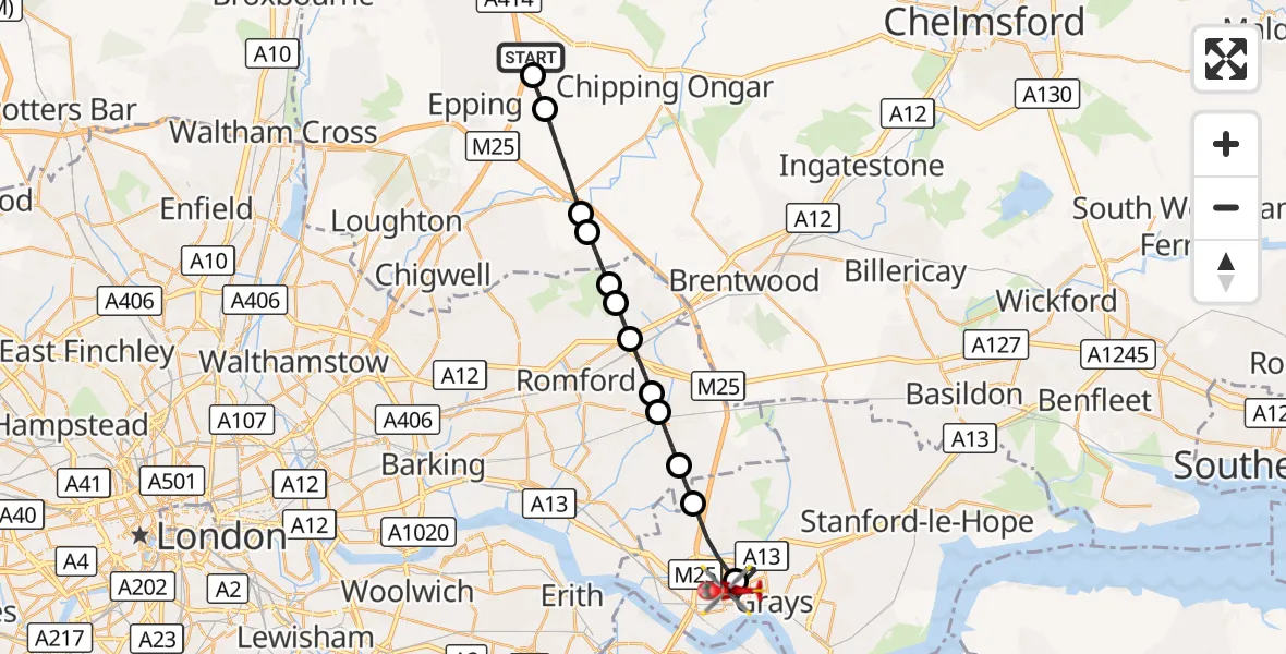 Flight route Air Ambulance Helicopter North Weald Airfield - Grays, 30 August 2026, 18:39