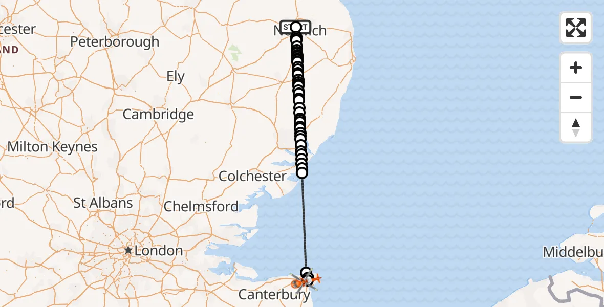 Flight route Coastguard Helicopter Broadland - Manston Airport, 30 August 2026, 18:42