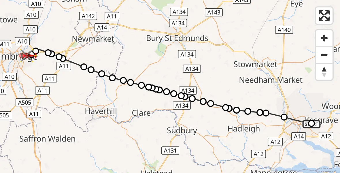 Flight route Air Ambulance Helicopter Ipswich Hospital - Cambridge City Airport, 30 August 2026, 18:50