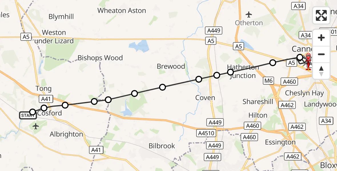 Flight route Air Ambulance Helicopter RAF Cosford - Cannock, 30 August 2026, 18:55