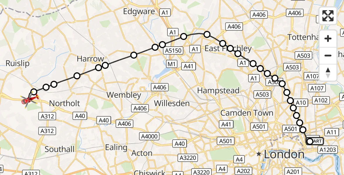 Flight route Air Ambulance Helicopter Royal London Hospital - RAF Northolt, 30 August 2026, 18:56