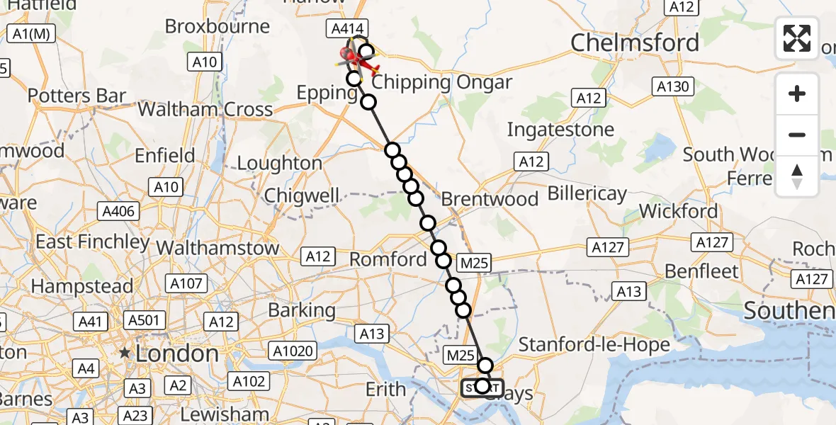 Flight route Air Ambulance Helicopter South Ockendon - North Weald Airfield, 30 August 2026, 18:57
