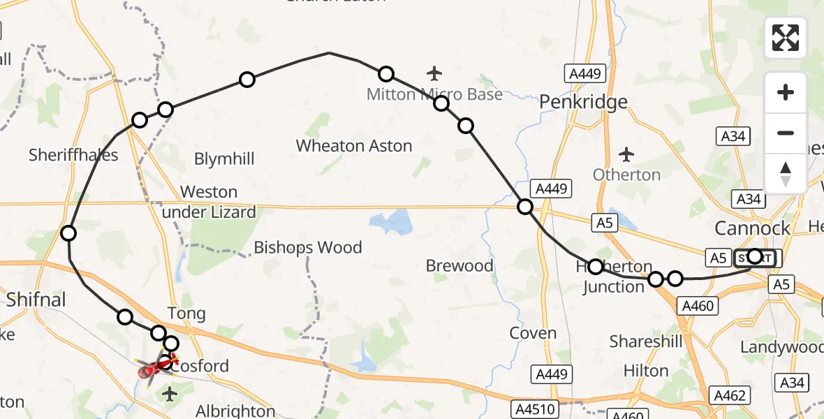 Flight route Air Ambulance Helicopter Cannock - Shifnal, 30 August 2026, 19:16