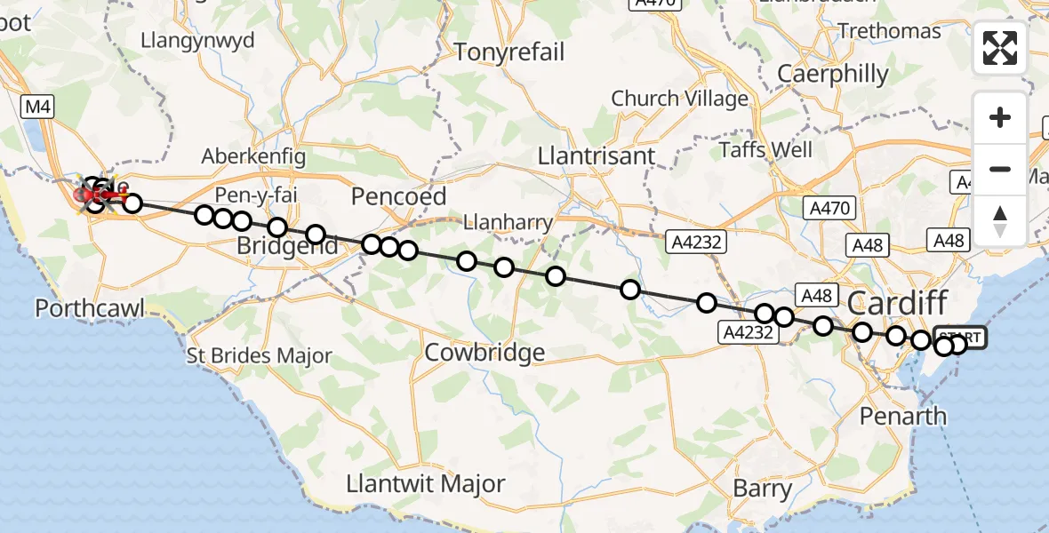 Flight route Air Ambulance Helicopter Cardiff Heliport - North Cornelly, 30 August 2026, 19:25