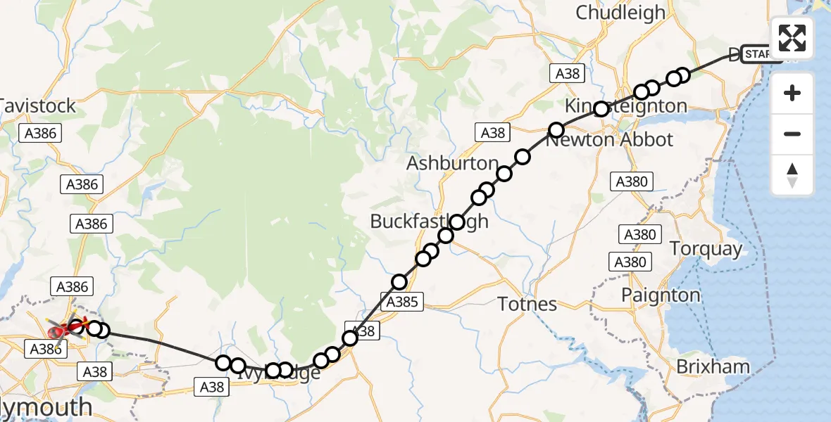 Flight route Air Ambulance Helicopter Dawlish - Derriford Hospital, 30 August 2026, 19:26