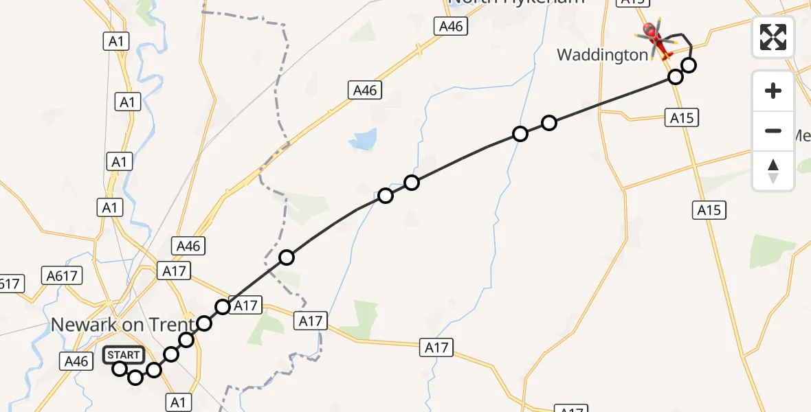 Flight route Air Ambulance Helicopter Newark on Trent - North Kesteven, 30 August 2026, 19:47