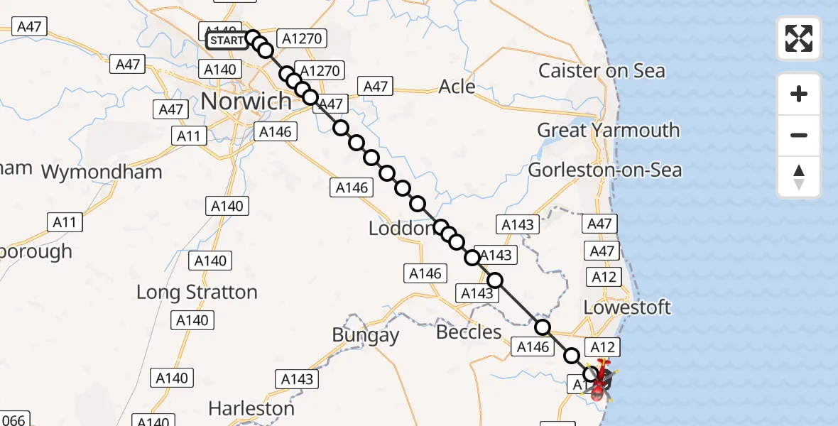Flight route Air Ambulance Helicopter Norwich Airport - Kessingland, 30 August 2026, 20:35
