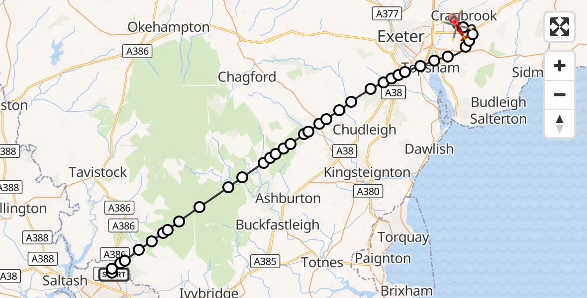 Flight route Air Ambulance Helicopter Derriford Hospital - Exeter International Airport, 30 August 2026, 20:36