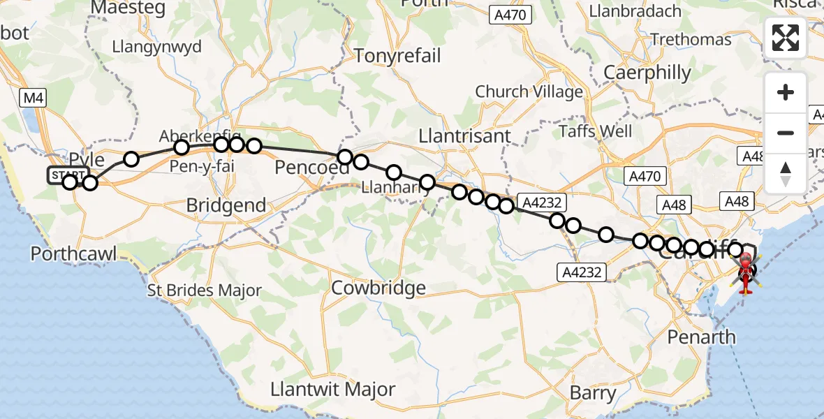 Flight route Air Ambulance Helicopter North Cornelly - Cardiff Heliport, 30 August 2026, 20:36