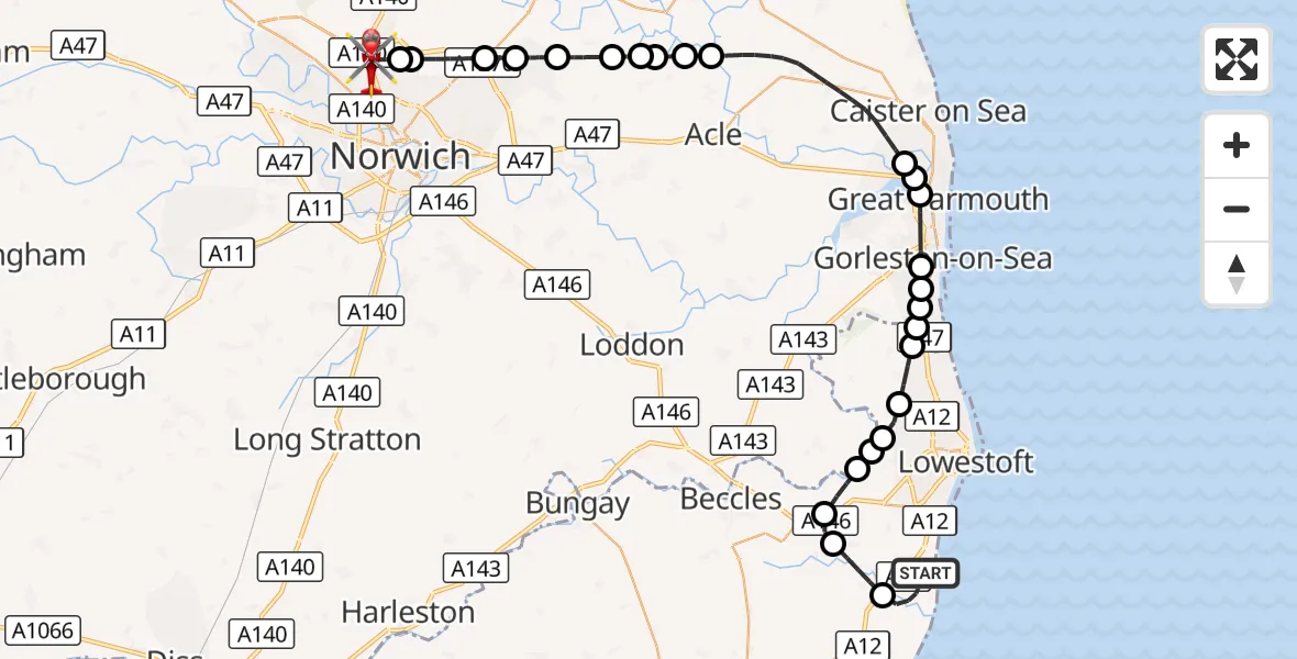 Flight route Air Ambulance Helicopter Kessingland - Norwich Airport, 30 August 2026, 22:10