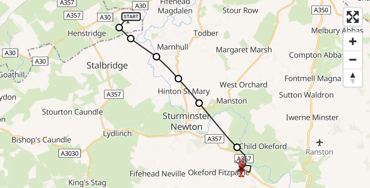 Flight route Air Ambulance Helicopter Henstridge Airfield - Shillingstone, 30 August 2026, 22:51