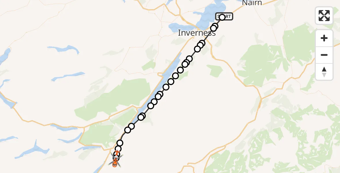 Flight route Coastguard Helicopter Inverness Airport - Highland, 30 August 2026, 23:48