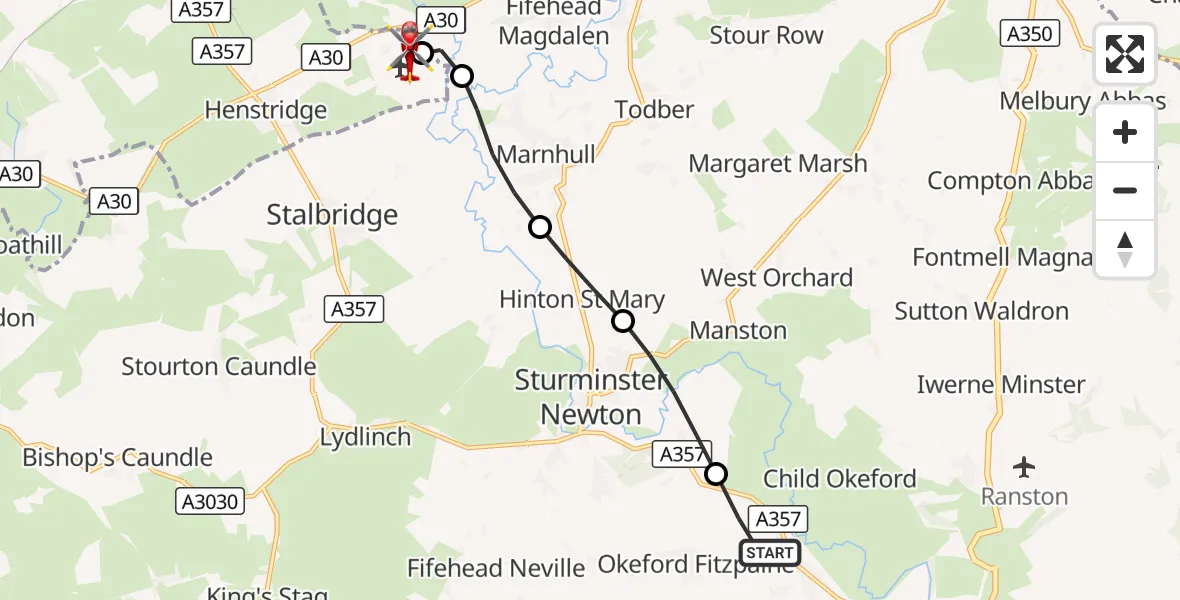 Flight route Air Ambulance Helicopter Shillingstone - Henstridge Airfield, 31 August 2026, 00:33