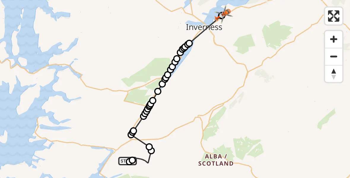 Flight route Coastguard Helicopter Coire nan Laogh - Inverness Airport, 31 August 2026, 01:23
