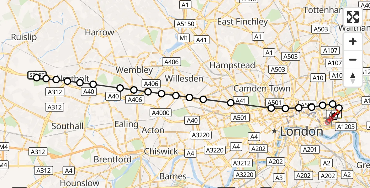 Flight route Air Ambulance Helicopter RAF Northolt - Royal London Hospital, 31 August 2026, 06:40