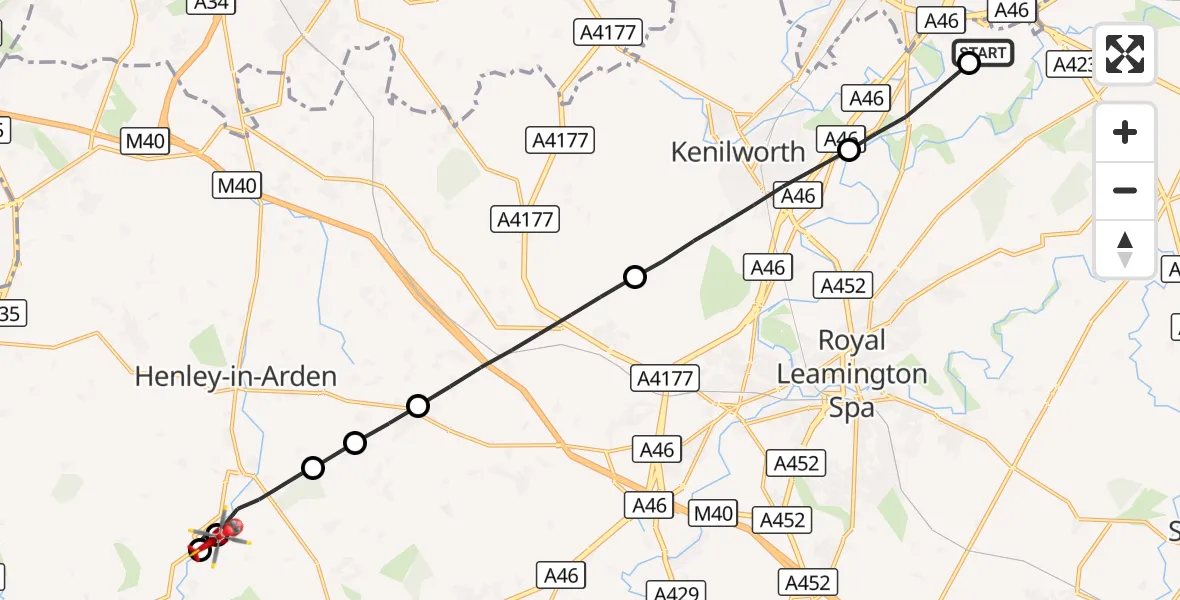 Flight route Air Ambulance Helicopter Coventry Airport - Wootton Wawen CP, 31 August 2026, 06:41