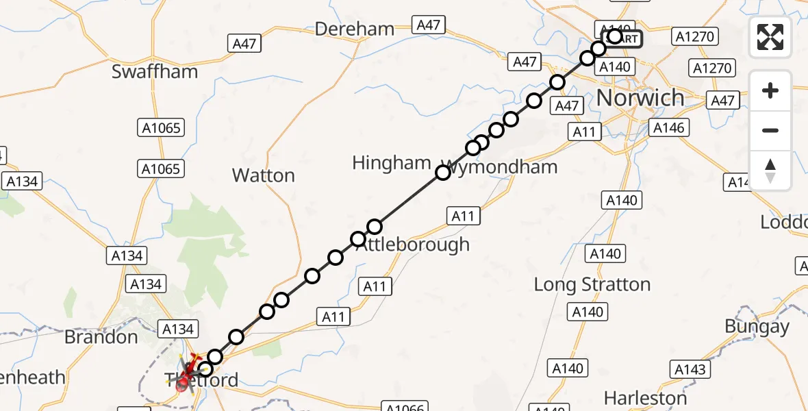 Flight route Air Ambulance Helicopter Norwich Airport - Thetford, 31 August 2026, 07:01