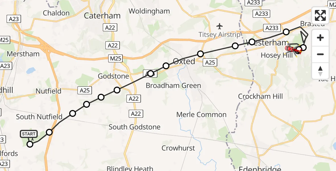 Flight route Air Ambulance Helicopter Redhill Aerodrome - Westerham, 31 August 2026, 07:14