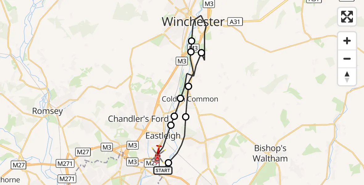 Flight route Air Ambulance Helicopter Southampton Airport - Southampton Airport, 31 August 2026, 07:22
