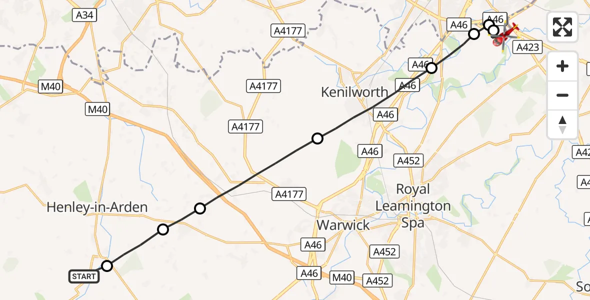 Flight route Air Ambulance Helicopter Wootton Wawen CP - Rugby, 31 August 2026, 07:48