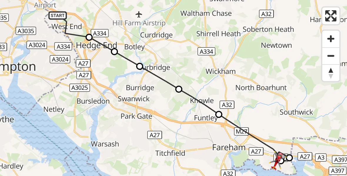 Flight route Air Ambulance Helicopter Eastleigh - Fareham, 31 August 2026, 08:11