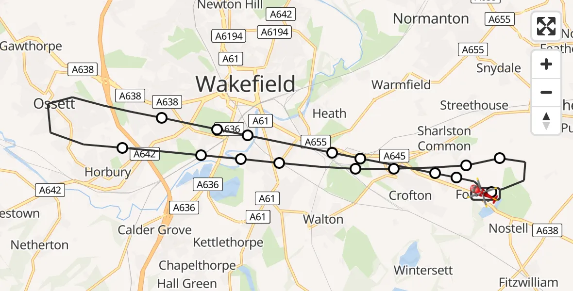 Flight route Air Ambulance Helicopter YAA Nostell Helicopter Port - YAA Nostell Helicopter Port, 31 August 2026, 08:16