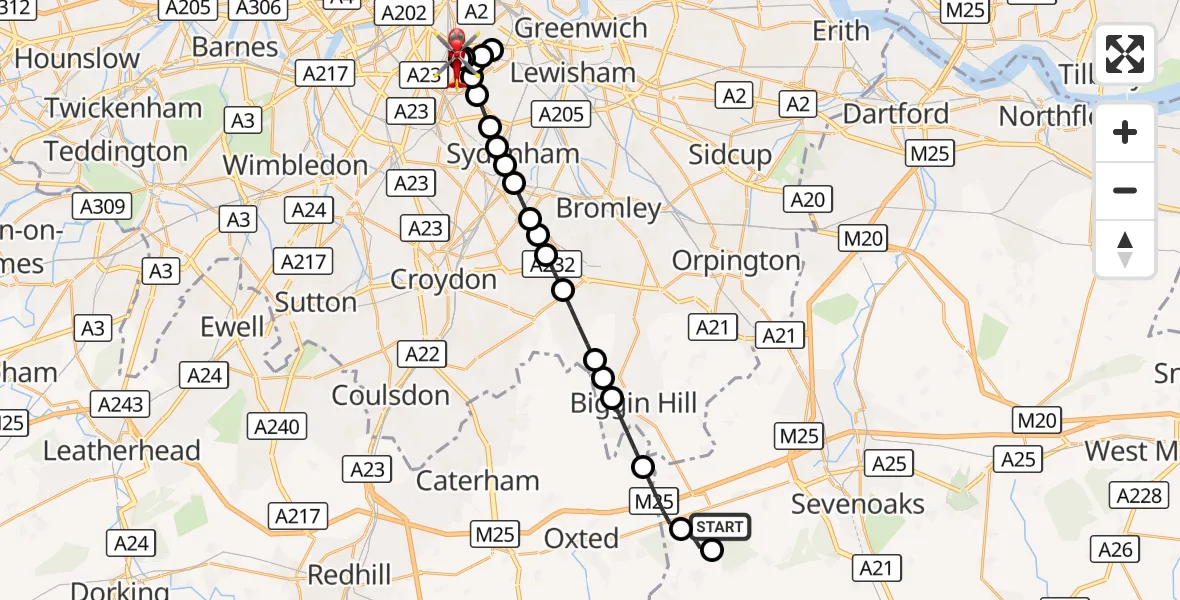 Flight route Air Ambulance Helicopter Westerham - Kings College London Hospital, 31 August 2026, 08:21