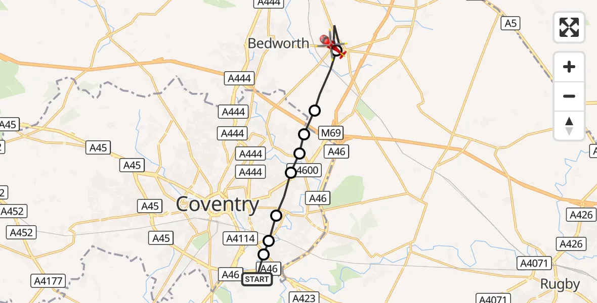 Flight route Air Ambulance Helicopter Coventry Airport - Bulkington, 31 August 2026, 08:33
