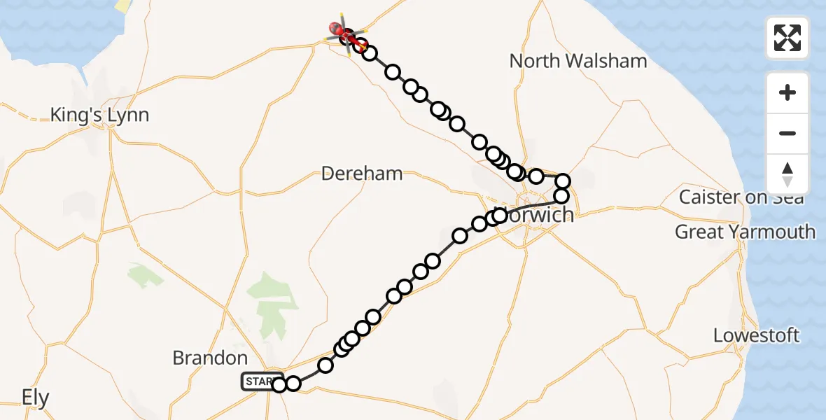 Flight route Air Ambulance Helicopter Thetford - Kettlestone, 31 August 2026, 08:35