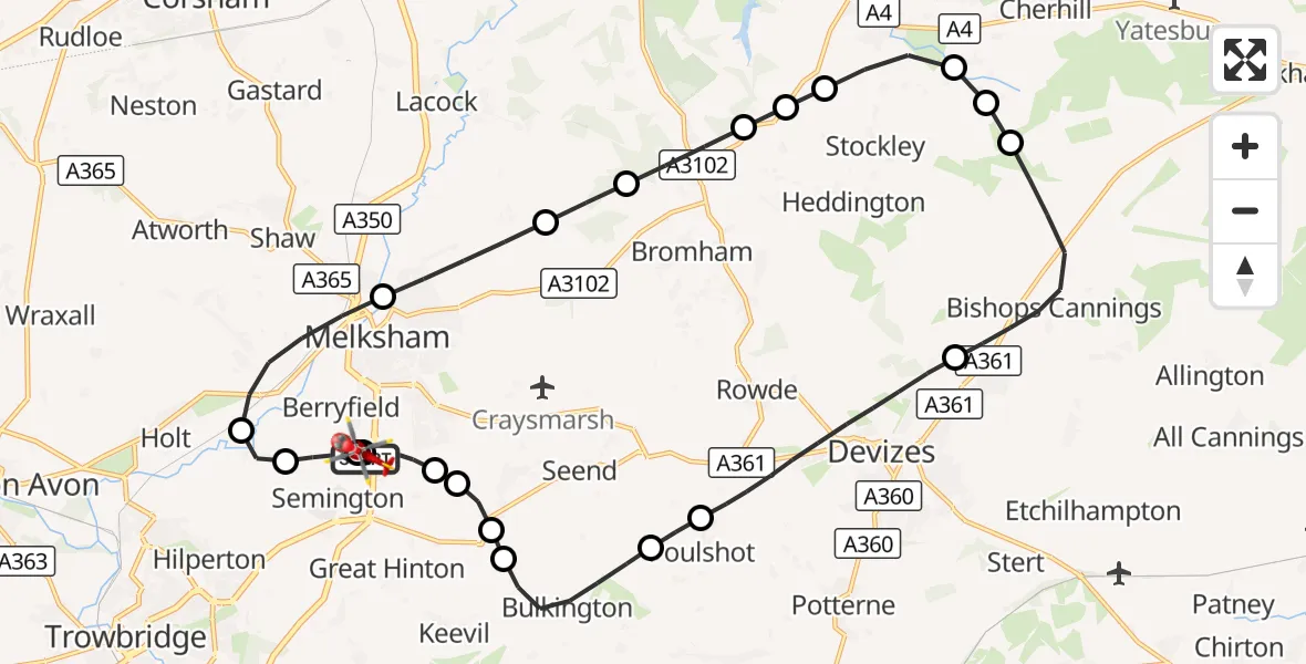 Flight route Air Ambulance Helicopter Wiltshire Air Ambulance - Melksham, 31 August 2026, 08:37