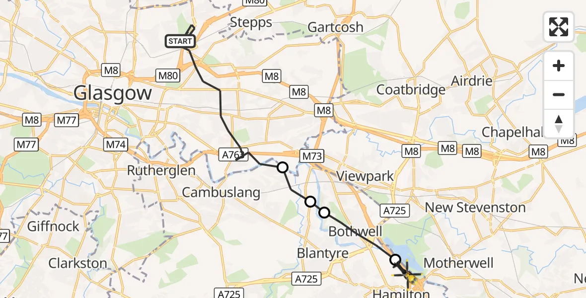Flight route Police Helicopter Glasgow - Hamilton, 31 August 2026, 08:45