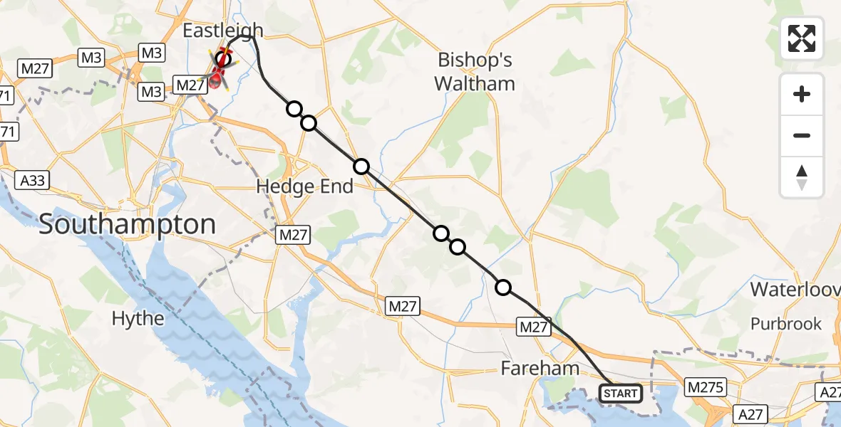 Flight route Air Ambulance Helicopter Fareham - Southampton Airport, 31 August 2026, 08:48