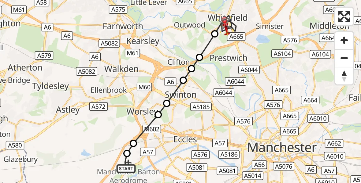 Flight route Air Ambulance Helicopter Manchester Barton Aerodrome - Whitefield, 31 August 2026, 08:55