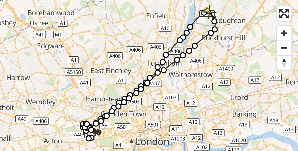 Flight route Police Helicopter Metropolitan Police Air Support Unit Lippitts Hill - Metropolitan Police Air Support Unit Lippitts Hill, 31 August 2026, 09:08