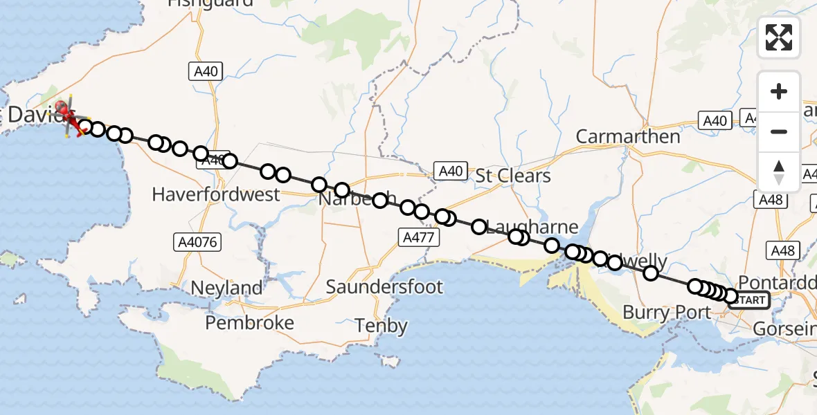 Flight route Air Ambulance Helicopter Dafen - Solva, 31 August 2026, 09:11