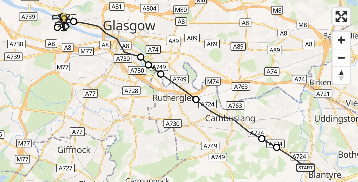 Flight route Police Helicopter Blantyre - Glasgow City Heliport, 31 August 2026, 09:22