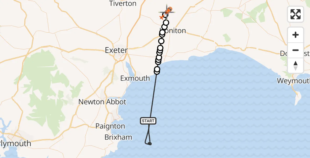 Flight route Coastguard Helicopter English Channel - Dunkeswell Airfield, 31 August 2026, 09:29